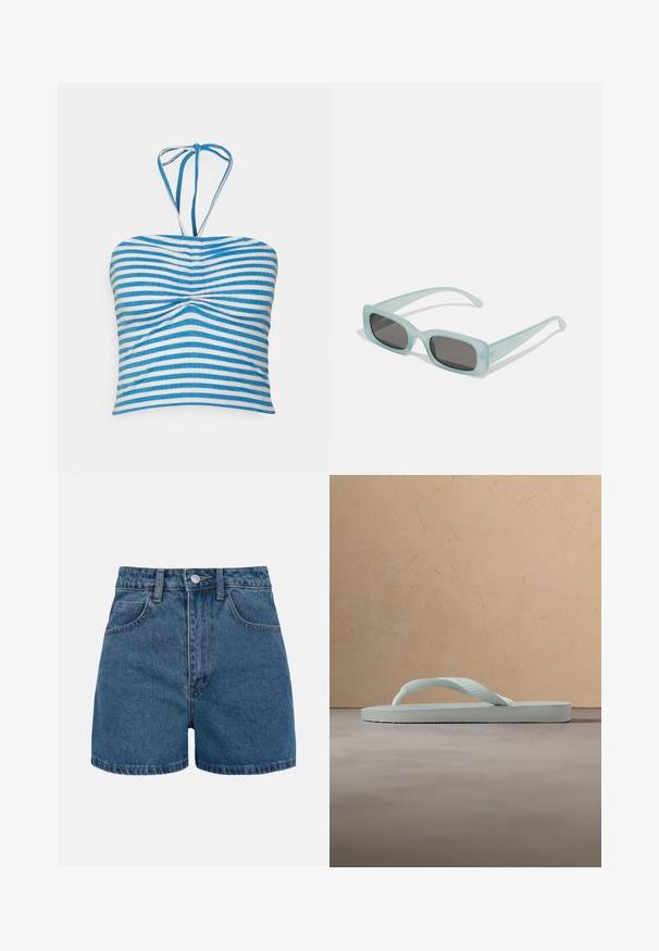 Pieces PCLAYA CROPPED TIE TUBE - Μπλούζα - bright white/ibiza blue; Μπλε τζιν σορτς με ψηλή μέση, θηλιές για ζώνη, κουμπί μπροστά, φερμουάρ και δύο μπροστινές τσέπες, εμφανίζεται σε λευκό φόντο.; Μονό απλό μπεζ πλαστικό σανδάλι τύπου σαγιονάρα με υφασμάτινο πάτο και λουράκι σε σχήμα Υ σε απλό γκρι φόντο.; Ενα ζευγάρι ορθογώνια γυαλιά ηλίου με ανοιχτό μπλε ημιδιαφανείς σκελετούς και σκούρους γκρι φακούς, διαθέτοντας ίσιες βραχίονες και ελάχιστες λεπτομέρειες υλικών.