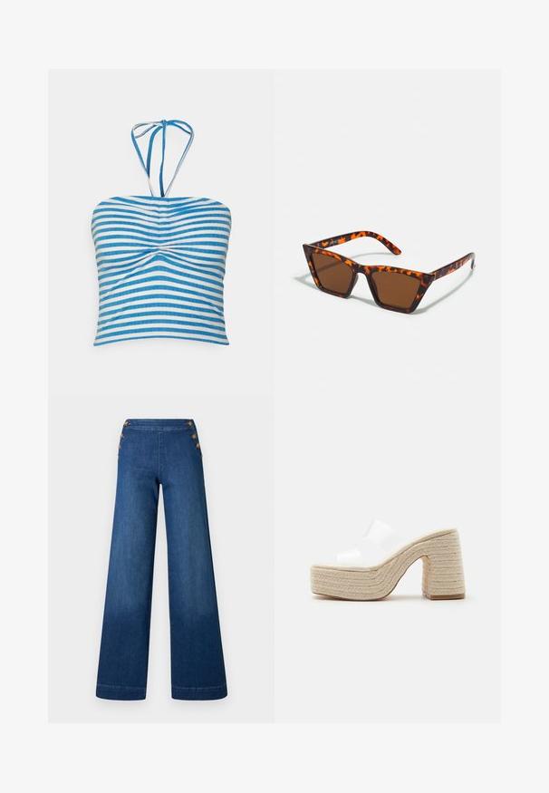 Pieces PCLAYA CROPPED TIE TUBE - Top - bright white/ibiza blue; Denimbukser med vidde i benene i mørkeblå. Har en flad front med fem knapper i gylden tone til lukning. Glat tekstur med en klassisk finish.; Platformsandal med chunky vævet beige hæl og sål, med to brede gennemsigtige hvide stropper over foden.; Brune tonede solbriller med et skildpadde-mønster, vinklede stel og slanke arme. Letvægts plastmateriale.