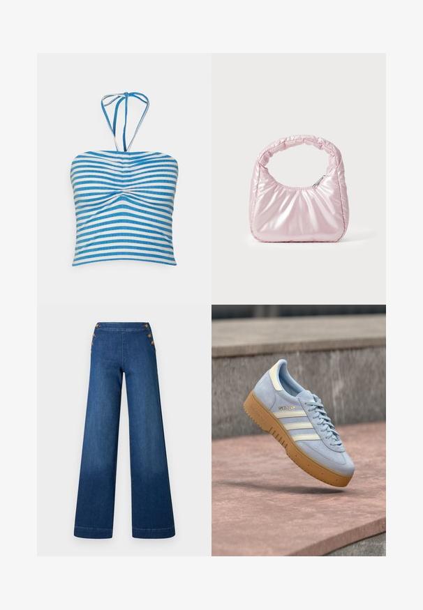Pieces PCLAYA CROPPED TIE TUBE - Top - bright white/ibiza blue; Denimbukser med vidde i benene i mørkeblå. Har en flad front med fem knapper i gylden tone til lukning. Glat tekstur med en klassisk finish.; Lyseblå ruskindssneaker med hvide striber og guldlogo, med en sål af gummigummi og en polstret krave for komfort.; Rosa, polstret håndtaske med afrundet design, lavet af skinnende materiale. Har et samlet håndtag og en lynlås til sikker adgang.