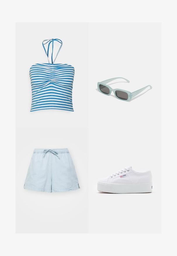 Pieces PCLAYA CROPPED TIE TUBE - Μπλούζα - bright white/ibiza blue; Απαλά μπλε, ελαφριά σορτς με ελαστική μέση και κορδόνι. Διαθέτει πλαϊνές τσέπες και χαλαρή γραμμή, κατασκευασμένα από μαλακό ύφασμα.; Λευκό καμβά sneaker με χοντρή λευκή πλατφόρμα, στρογγυλή μύτη και μεταλλικές οπές για τα κορδόνια. Το λογότυπο της επωνυμίας εμφανίζεται στο πλάι.; Ενα ζευγάρι ορθογώνια γυαλιά ηλίου με ανοιχτό μπλε ημιδιαφανείς σκελετούς και σκούρους γκρι φακούς, διαθέτοντας ίσιες βραχίονες και ελάχιστες λεπτομέρειες υλικών.
