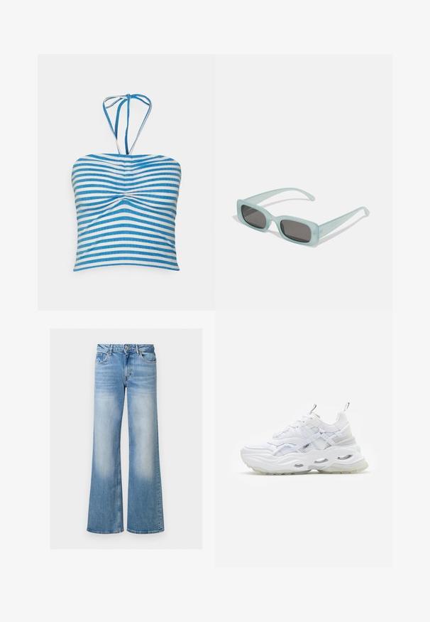 Pieces PCLAYA CROPPED TIE TUBE - Topp - bright white/ibiza blue; Heledad sinine teksariie, millel on kergelt kulunud tekstuur, kõrge vöökoht ja viie tasku disain, koos nööbi ja luku sulgemisega.; Valge kirkada paksu tallaga, kihilise võrgu ja sünteetilisest materjalist ülemise osaga, millel on mustrilised aktsendid, nööri süsteem ja tõmbevahe.; Kaks ümmargust päikeseprilli, millel on helesinised poolläbipaistvad raamid ja tumehallid objektiivid, sirged tempud ja minimaalsete detailidega riistvara.