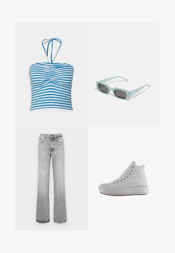 Pieces PCLAYA CROPPED TIE TUBE - Top - bright white/ibiza blue; Svetlošedé vyblednuté rovné džínsy s prednými vreckami, pútkami na opasok a zapínaním na gombík a zips.; Biele vysoké plátenné tenisky s bielymi šnúrkami, kovovými očkami, hrubou gumovou podrážkou a textúrovanou špičkou, mieriac doľava na bielom pozadí.; Párik obdĺžnikových slnečných okuliarov s svetlomodrými priehľadnými rámami a tmavosivými sklami, s rovnými stranami a minimálnymi hardvérovými detailmi.