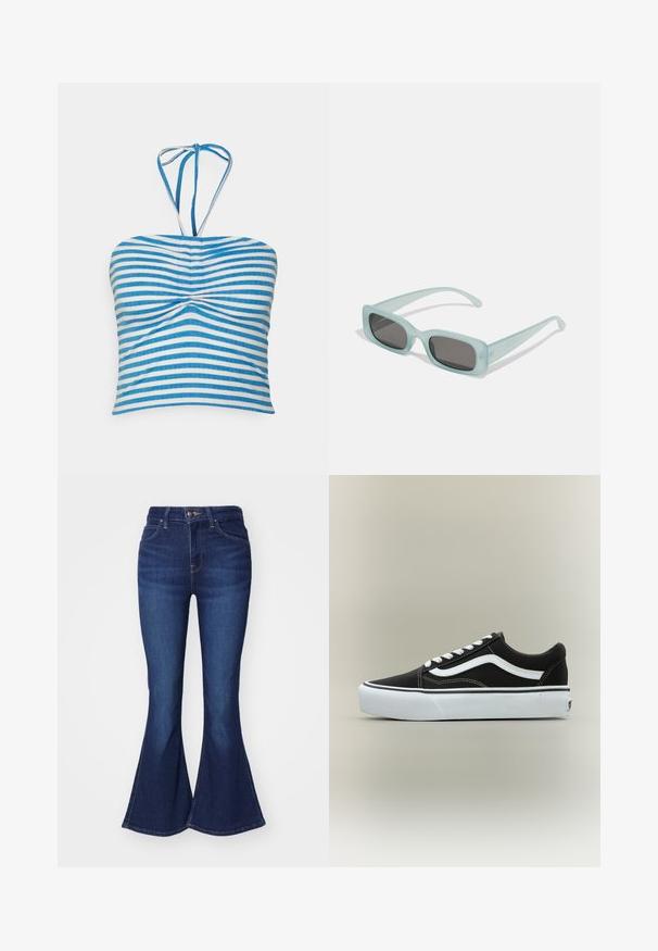 Pieces PCLAYA CROPPED TIE TUBE - Top - bright white/ibiza blue; Dunkelblaue Schlagjeans aus Denim mit hoher Taille, fünf Taschen und Knopfverschluss, leicht ausgebleicht an den Oberschenkeln.; Niedriger schwarzer Sneaker mit weißem Seitenstreifen, weißen Schnürsenkeln, weißer Gummisohle und strukturierter Zehenkappe auf neutralem Hintergrund.; Ein Paar rechteckige Sonnenbrillen mit lichtblauen, halbtransparenten Rahmen und dunkelgrauen Gläsern, ausgestattet mit geraden Bügeln und minimalen Hardware-Details.