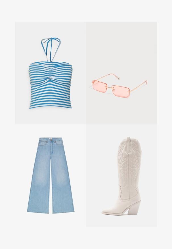 Pieces PCLAYA CROPPED TIE TUBE - Μπλούζα - bright white/ibiza blue; Φαρδιά τζιν παντελόνια από τζην σε ανοιχτό μπλε χρώμα με μπροστινές τσέπες, θηλιές για ζώνη, χάλκινα καρφιά και κούμπωμα με κουμπί, με το λογότυπο Wrangler στη μέση.; Λευκό δερμάτινο καουμπόικο μποτίνι με μυτερή μύτη και σταθερή φτέρνα. Διαθέτει περίπλοκα σχέδια ραφής στον άξονα και λείο υφή.; Ορθογώνια γυαλιά ηλίου χωρίς πλαίσιο με ροζ απόχρωση, λεπτά χρυσά μεταλλικά μπράτσα και ρυθμιζόμενα μαξιλαράκια στη μύτη σε απλό ανοιχτό φόντο.