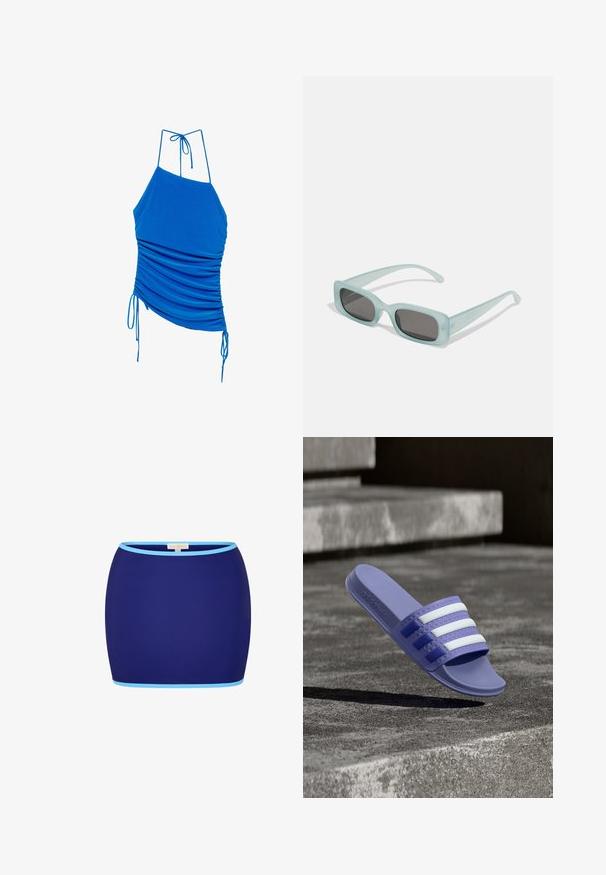Blå halter-neck ærmeløs top med rynkninger og justerbare snore på siderne og bagsiden, asymmetrisk kant på hvid baggrund.; Mørkeblå mini nederdel med lyseblå kant på toppen og bunden, præsenteret på en hvid baggrund.; Lilla Adidas slide sandal med tre hvide striber hvilende på betontrapper i blødt udendørs lys.; Et par rektangulære solbriller med lyseblå gennemsigtige stel og mørkegrå linser, der har lige templer og minimale hardware detaljer.