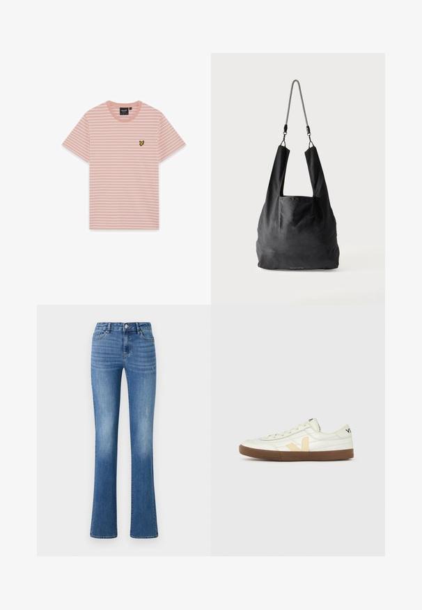 Rosa-weiß gestreiftes T-Shirt mit kurzen Ärmeln, Rundhalsausschnitt und kleinem gelb-schwarzem Vogel-Logo auf der linken Brust.; ONLY ONLWAUW MID WAIST - Jeans Slim Fit - medium blue denim; Weißer Sneaker in niedriger Ausführung mit beigem "V"-Logo, brauner Gummisohle, Schnürsenkeln und schwarzem Text an Ferse und Zunge vor neutralem Hintergrund.; Schwarze weiche Stofftragetasche mit breiten Griffen und einem dünnen schwarz-weißen geflochtenen Schulterriemen.