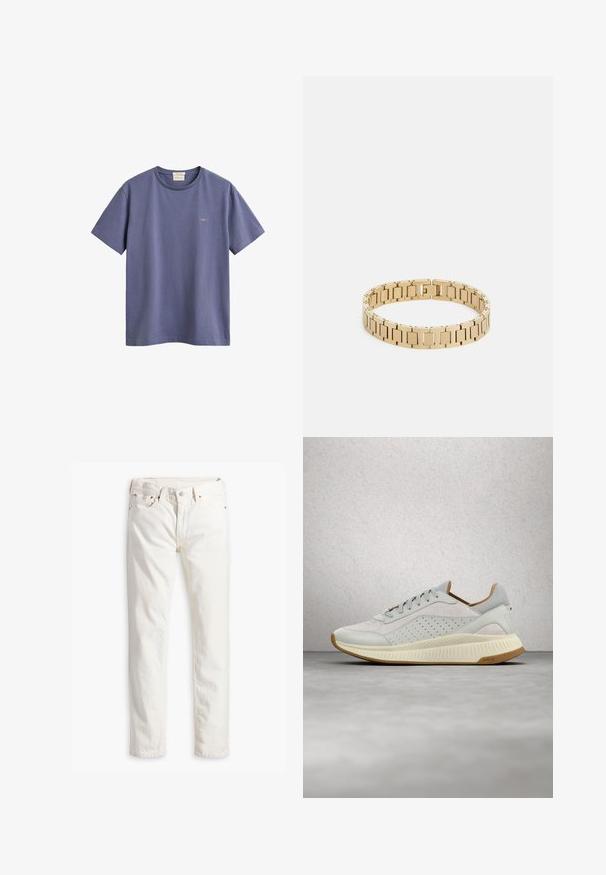 Schlichtes blaues Kurzarm-T-Shirt mit Rundhalsausschnitt, kleinem besticktem Logo auf der linken Brust und einem Stoffmarken-Etikett im Kragen.; Weiße Jeans im geraden Schnitt, fünf Taschen, Kupferknopf und Nieten sowie einem dezent strukturierten Stoff. Keine sichtbaren Muster.; Weißer und beigefarbener BOSS-Sneaker mit perforierten Details, beiger Sohle und Schnürsenkeln, schwebend über einem reflektierenden grauen Boden präsentiert.; Goldene Armband mit rechteckigen Gliedern, die eine strukturierte und glatte Oberfläche aufweisen. Das Design ist einheitlich und hat ein elegantes, poliertes Aussehen.