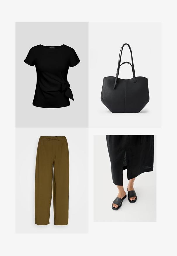 Blusa negra de manga corta con escote redondo y detalle de lazo de tela en el lado derecho de la cintura.; Pantalones de pierna ancha color verde oliva, hechos de una tela suave. Presentan una cinturilla elástica con cordón y un ligero plisado.; Sandalias negras tipo slide con una tira ancha, suela plana y diseño minimalista. El material parece liso con un acabado mate.; Bolsa tote negra de cuero liso y texturizado, con parte superior redondeada y dobles asas largas. Presenta una base angular para estabilidad y un diseño estructurado.
