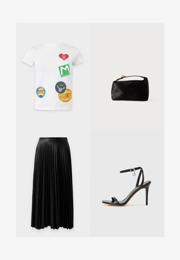 Camiseta blanca de manga corta con parches gráficos de colores que incluyen un corazón rojo, un cuadrado verde y etiquetas circulares con texto y números.; Falda plisada negra hecha de material texturizado, con una cinturilla ajustada y pliegues largos y fluidos que llegan a la mitad de la pantorrilla.; Sandalia de tacón alto negra con una estrecha correa en el tobillo, punta cuadrada, material de cuero liso y detalle de hebilla metálica.; Bolsa de terciopelo negro con forma redondeada, un asa superior y un cierre de acento dorado. Textura suave con un diseño minimalista.