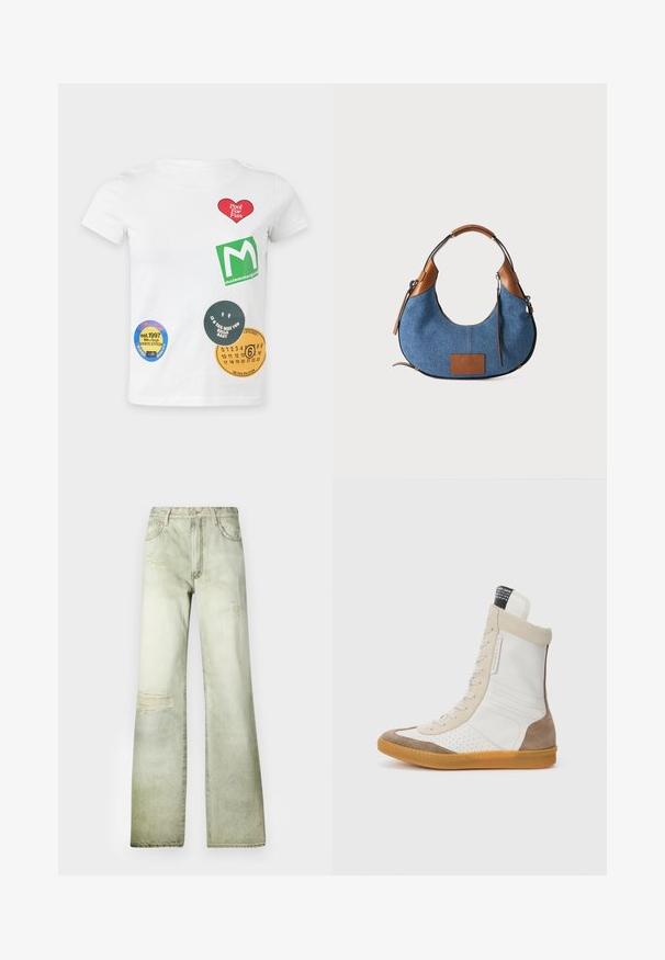 Wit T-shirt met korte mouwen met kleurrijke grafische patches, waaronder een rood hart, een groen vierkant en ronde labels met tekst en cijfers.; Vervaagde groene denim jeans met een hoge taille, wijde pijp en versleten plekken. Voorzien van een knoopsluiting en vijf zakken.; Hoge sneakers met een mix van glad wit leer en tan suede, geperforeerde details, beige veters en een rubberen gumzool.; Blauwe denim halve maantassen met bruine leren afwerking, handvat en kleine voorste patch, getoond op een effen lichte achtergrond.
