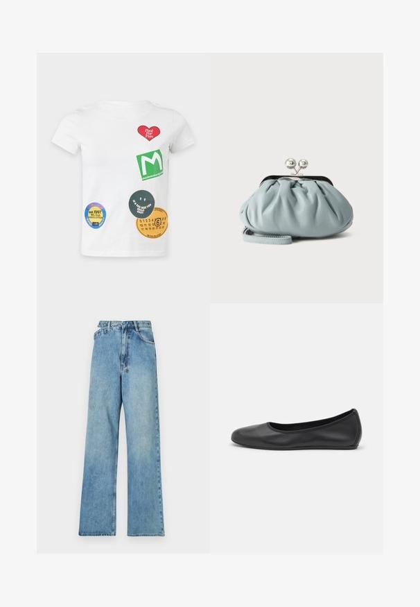 Camiseta blanca de manga corta con parches gráficos de colores que incluyen un corazón rojo, un cuadrado verde y etiquetas circulares con texto y números.; Jeans de mezclilla de color azul claro, de pierna ancha, con una cintura de altura media, cinco bolsillos y un cierre de botón con herrajes metálicos y un acabado desgastado.; Bailarina de piel negra con punta redondeada, textura suave, detalle de costura minimalista y diseño de suela flexible.; Pequeño monedero de cuero azul claro con cierre metálico plateado tipo kiss-lock y correa corta para la muñeca sobre un fondo liso.