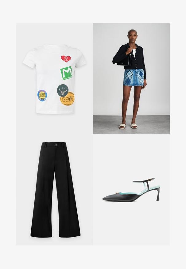 T-shirt blanc à manches courtes avec des patchs graphiques colorés comprenant un cœur rouge, un carré vert et des étiquettes circulaires avec texte et chiffres.; Pantalons noirs à jambe large en tissu lisse, doté d'une taille haute, de plis et d'un logo à l'arrière. Design épuré et ajusté sans motifs.; Chaussure à talon noire à bout pointu avec bride à la cheville, boucle dorée et doublure intérieure bleu clair, présentée en profil latéral sur fond blanc.; Un cardigan en maille noir, un haut blanc, une jupe en denim avec un motif de diamants bleus et noirs, un sac à main noir et des sandales à enfiler beiges.