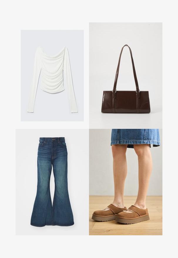 Top blanco de manga larga ajustado con detalles fruncidos en el frente y un escote ancho y drapeado sobre un fondo gris claro.; Vaqueros de mezclilla acampanados en azul medio, con una cintura alta, diseño de cinco bolsillos y costuras en contraste. Textura suave con un ligero desgastado.; Zapatos de plataforma de ante marrón con punta redonda, detalles recortados y una suela resistente, acompañados de una falda de mezclilla en un entorno de suelo de madera.; Bolso de mano de piel sintética marrón con forma rectangular, dos asas largas y sutiles acentos curvados en la parte delantera.