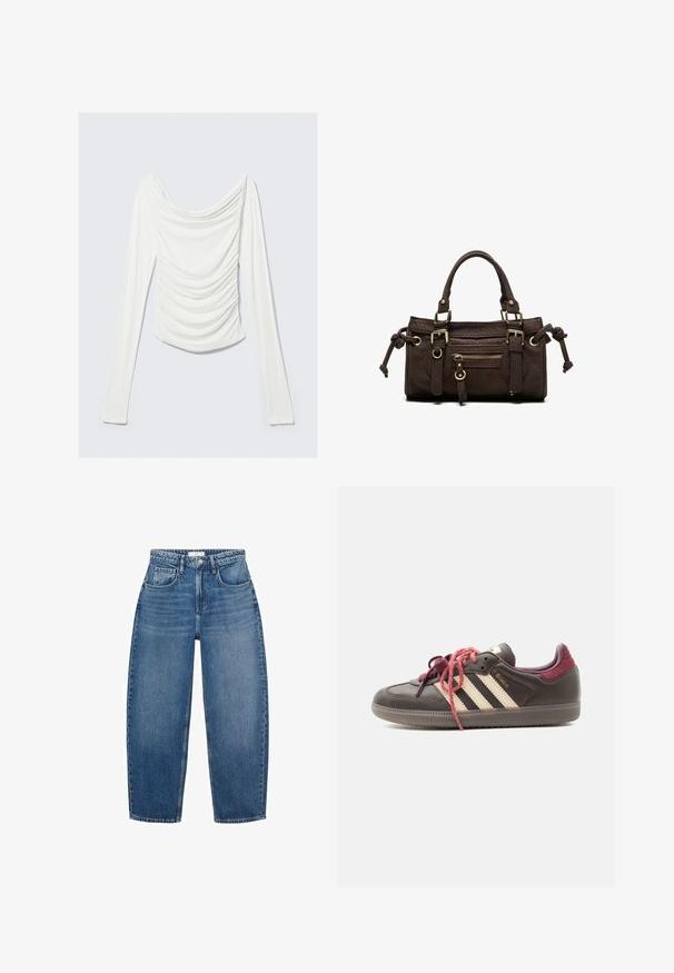 Hvid, langærmet, tætsiddende bluse med rynkedetaljer foran og en bred, draperet halsudskæring på en lys grå baggrund.; Højtaljede blå denimjeans med lige ben-design, der har fem lommer, bælteløkker og subtilt slid for ekstra tekstur.; Mørkebrune Adidas Samba sneakers med cremefarvede striber, bordeaux hæl og lyserøde snørebånd med mønster, vist i sideprofil mod hvid baggrund.; Mørkebrun læderhåndtaske med dobbelte håndtag, forreste lynlåslomme, dekorative spænder og sideknuder på hvid baggrund.