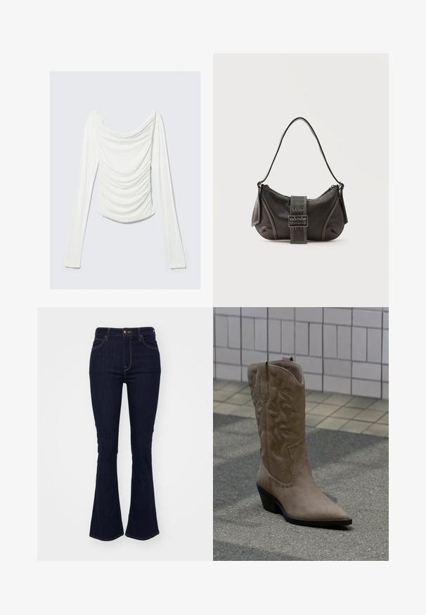 Hvid, langærmet, tætsiddende bluse med rynkedetaljer foran og en bred, draperet halsudskæring på en lys grå baggrund.; Mørkeblå, vide jeans lavet af denim, med høj talje, fem-lomme design og kontrasterende orange syninger langs sømmene.; Høj, beige cowboystøvle i ruskind med dekorative syninger og nitteaccenter, med spids snude og skråsort hæl på fortovet.; Sort læder skuldertaske med spænde på remmen, afrundede kanter og kontrasterende hvide syninger på en ensfarvet baggrund.
