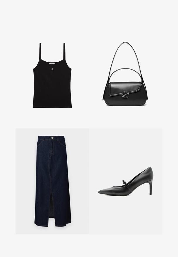 Zwarte cropped tanktop met dunne schouderbandjes en een klein zilveren CK-logo gecentreerd onder de halslijn.; Donker denim maxi-rok met een voorkeursplit, voorzien van vijf zakken, een ritssluiting en contrasterende stikaccenten.; Zwarte leren pumps met puntige neus, dunne riem en gesp over de wreef, staand op een neutrale lichte achtergrond.; Zwarte leren schoudertas met een gebogen klep die is bevestigd met een ronde metalen sluiting en een smalle, verstelbare band.