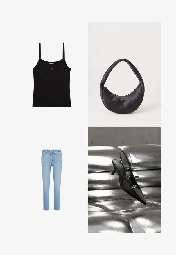 Sort cropped tanktop med tynde skulderstropper og lille sølv CK-logo centreret under udskæringen.; Lyseblå denimjeans, lige snit, fem-lommer stil, med forreste knap- og lynlås lukning, med subtile falmninger og syningsdetaljer.; Sort spids tå slingback-hæl med to gyldne spænder, der hviler på en blank sølvpolstret overflade.; Sort satin håndtaske med en buet form, der har en lynlåslukning og et trekantet logo i metal på forsiden. Glat tekstur og slankt design.