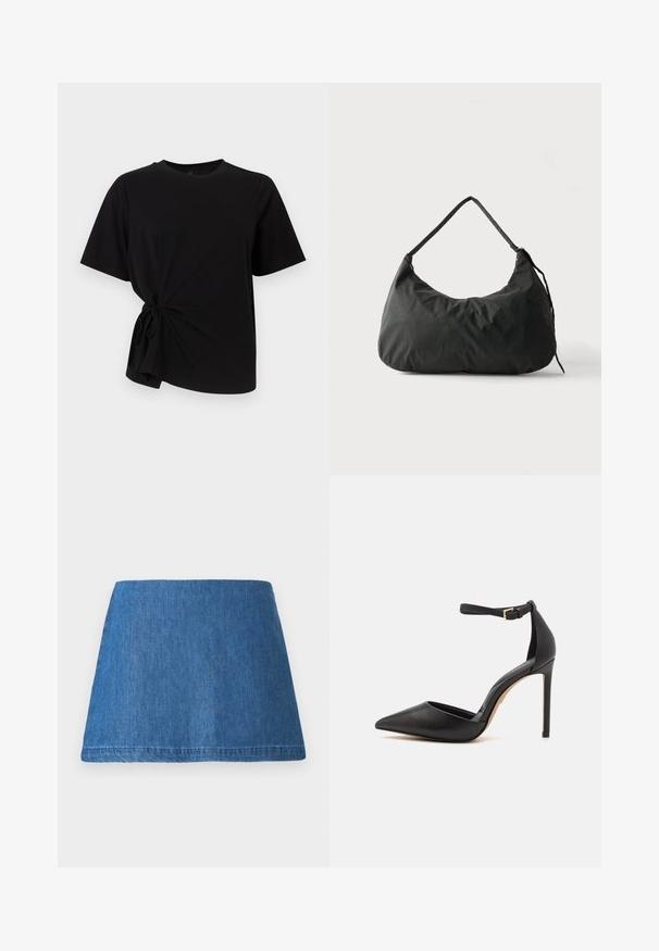 Sort t-shirt med korte ærmer og knyttedetalje på venstre side. Fremstillet af blødt stof med rund halsudskæring og løs pasform.; Denim mini nederdel i en mellemblå tone, med en klassisk A-form, ren kant og uden synlige udsmykninger eller mønstre.; Sorte læder højhælede pumps med spids tå og ankelrem. Har en stiletto hæl og en glat tekstur. Enkel design med guldt hardware.; Sort blødt stof skuldertaske med enkelt strop og let rynket tekstur mod en ensfarvet lys baggrund.