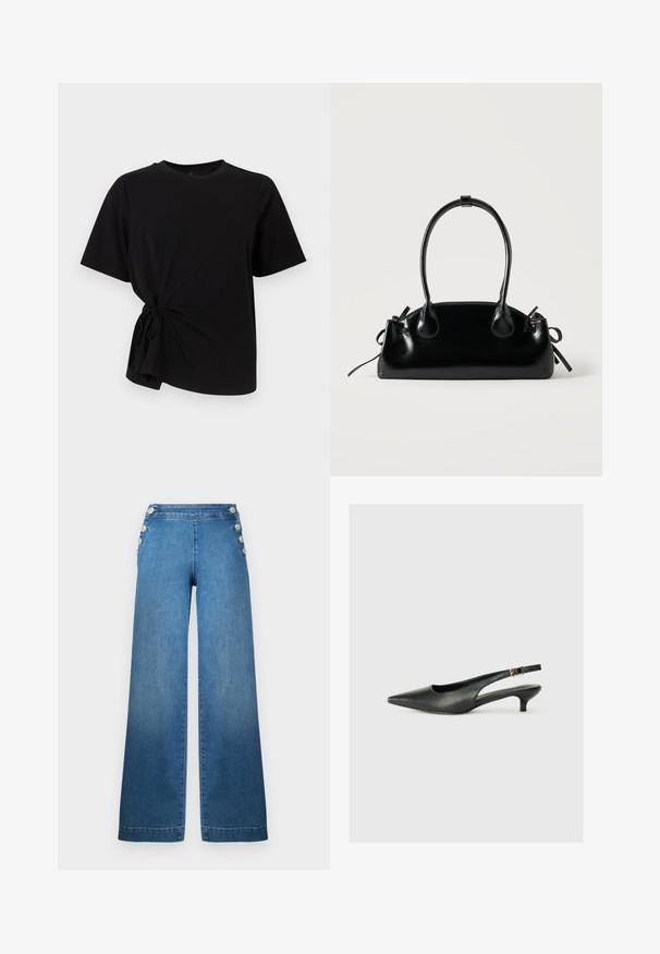 Sort t-shirt med korte ærmer og knyttedetalje på venstre side. Fremstillet af blødt stof med rund halsudskæring og løs pasform.; Bredde ben blå denim bukser med høj talje, knappede sidde accenter og en ren kant. Stoffet har en glat tekstur med let falmning.; Sorte spidse slingback-sko lavet af glat læder. Har en tynd hæl og en spænde detalje på den justerbare rem.; Lille sort blank håndtaske med to lange håndtag og snøre-detaljer i siden på en ensfarvet lys baggrund.