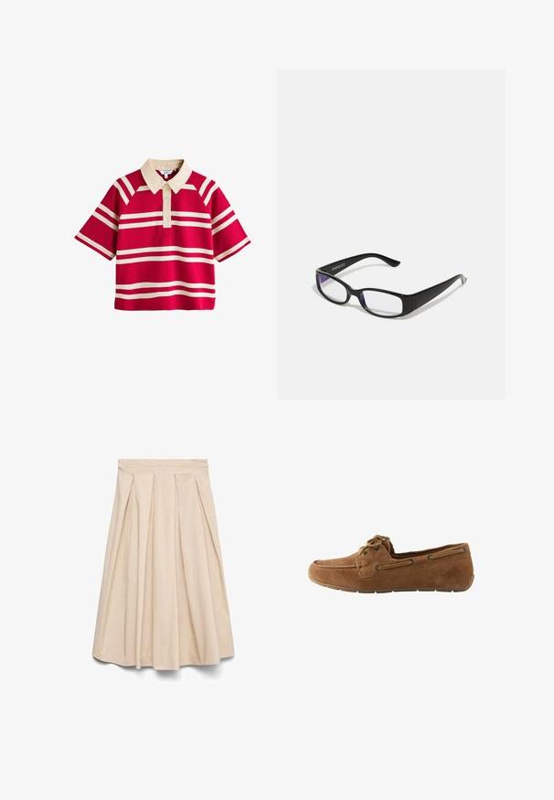Rød polo med korte ærmer, beige vandrette striber og beige krave, med knapstolpe og afslappet pasform.; Beige midi nederdel med høj talje og forreste plisseringer, vid silhuet og glat stof.; Brune ruskind loafers med rund tå, snøredetalje og metaløjer. Fleksibel gummisål med en tekstureret overflade for bedre greb.; Sorte rektangulære briller med klare linser. Blank finish, smalle stænger, og lilla nuance synlig i kanterne af linsen.
