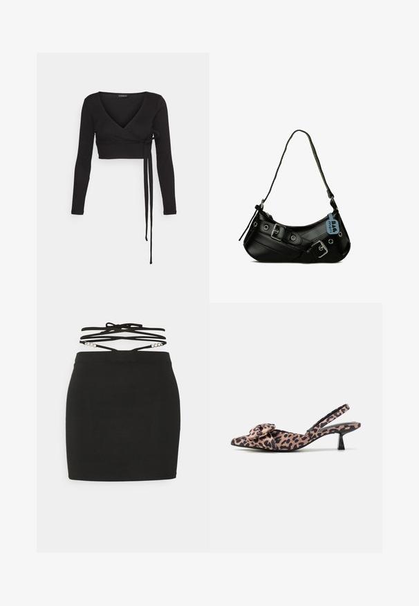 Even&Odd Petite Longsleeve - black; Noisy May Petite NMCELESTE CHAIN DETAIL - Minirok - black; Puntige slingback hakken in panterprint stof met een strikaccent, voorzien van een lage zwarte hak en een soepele textuur.; Zwarte synthetische handtas met een gebogen vorm, verstelbare schouderriem en decoratieve metalen gespen. Heeft een gladde, glanzende textuur.
