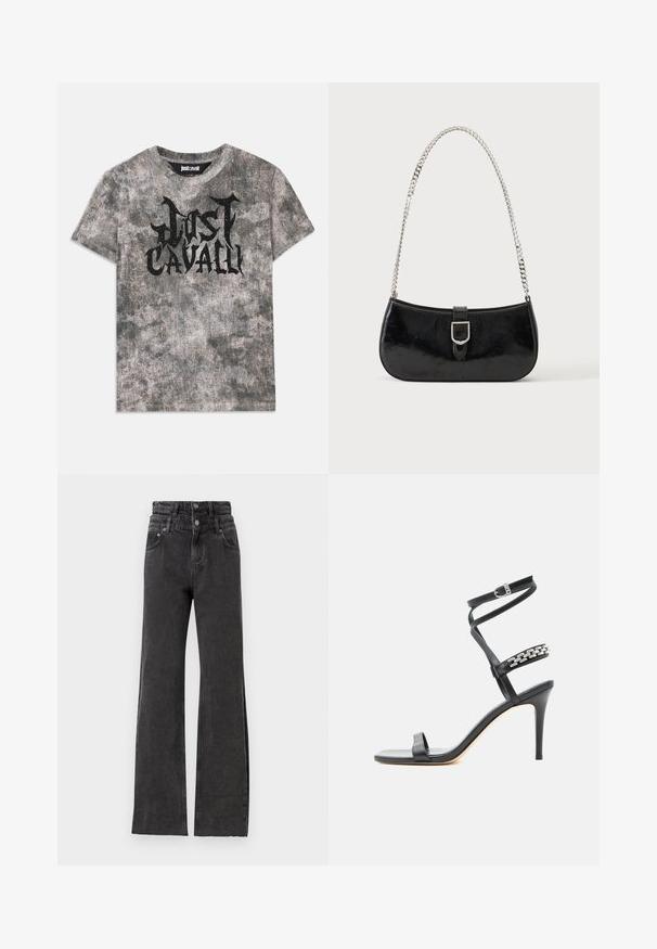 Grå kortærmet t-shirt med en tekstureret overflade og et sort "Just Cavalli" logo på forsiden. Rund halsudskæring.; Sorte højtaljede jeans har en lige ben-design, subtile slidte detaljer og metalknap hardware i taljen.; Sort højhælet sandal med tynd ankelrem, midtfodsrem dekoreret med sølvkædeled og åben tå-design.; Sort skuldertaske i laklæder med sølv spænde og sølv kæderem, vist mod en ensartet lys baggrund.