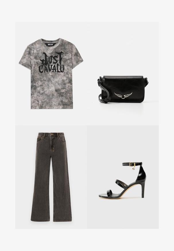 Grå kortærmet t-shirt med en tekstureret overflade og et sort "Just Cavalli" logo på forsiden. Rund halsudskæring.; Bredde jeans i mørkegrå denim. Har høj talje, fem lommer og kontrasterende guld-syninger. Subtil slitage giver et struktureret udseende.; Sorte patenterede lædersandaler med tre stropper, ankelspænde og 10 cm stiletthæl. Har detaljer i guld og et logo charms.; Sorte læder crossover taske med klapdesign, der har sølvvinge detaljer og en struktureret overflade. Justerbar rem inkluderet.