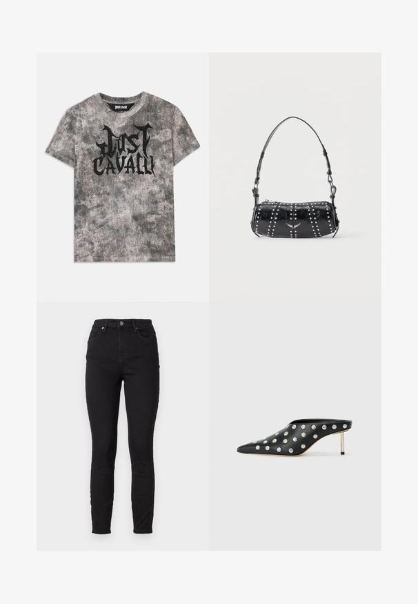 Halluxisükkel halli lühikeste varrukatega T-särk, millel on tekstuuriga viimistlus ja ees must graafiline "Just Cavalli" logo. Ümmargune kaelus.; Mustad teksad mustadest denimist, kõrge vöökoht, esi-taskud, nupuga sulgemine ja peen õmblusdetail õmblustes.; STAND STUDIO KELSEY - Kontsaga tagant lahtised kingad - black; Mustast lakknahast õlakott, millel on hõbedased naelad vertikaalsetes ridades ja väike hõbedane linnuembleem esiküljel keskel.