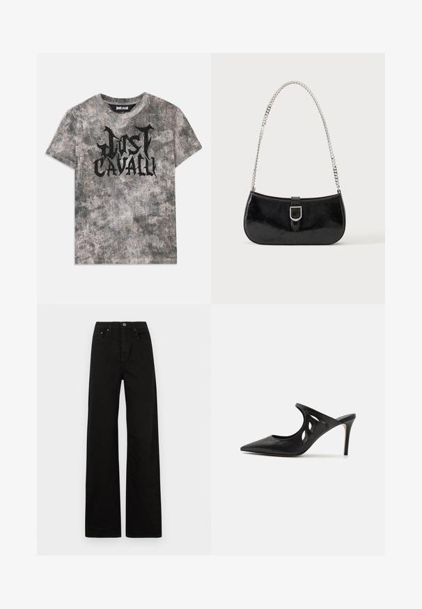 Grå kortærmet t-shirt med en tekstureret overflade og et sort "Just Cavalli" logo på forsiden. Rund halsudskæring.; Sorte breddebenede jeans lavet af solidt stof. Har en frontknaplukning, bælteløkker og to forlommer. Glat, ensartet tekstur.; Sorte læder højhælede mules med spids tå, udskåret sideskærm og glat tekstur. Stiletthæl og subtil syning.; Sort skuldertaske i laklæder med sølv spænde og sølv kæderem, vist mod en ensartet lys baggrund.