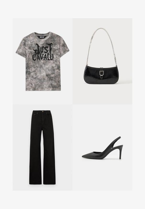 Graues T-Shirt mit kurzen Ärmeln, das eine strukturierte Oberfläche aufweist und ein schwarzes Grafik-Logo "Just Cavalli" auf der Vorderseite trägt. Rundhalsausschnitt.; Schwarze weit geschnittene Jeans aus robustem Stoff. Mit einem Frontknopfverschluss, Gürtelschlaufen und zwei vorderen Taschen. Glatte, einheitliche Textur.; Schwarze Leder Slingback High Heels mit einem spitzen Zehendesign, das an der Vorderseite ein Ausschnitt hat und einen dünnen Stilettoblock. ; Schwarze Schultertasche aus Lackleder mit silberner Schnalle und silbernem Kettenriemen, auf hellem einfarbigen Hintergrund präsentiert.