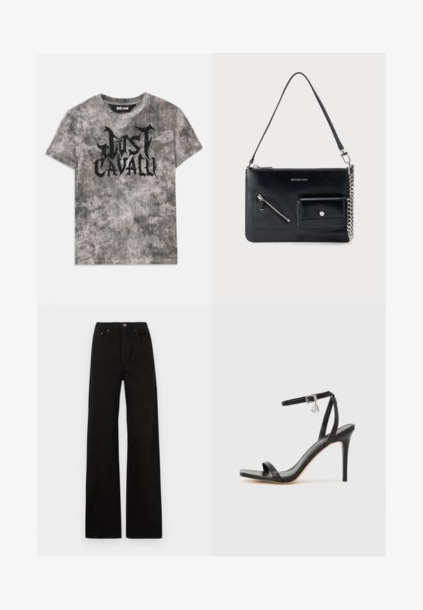 Grå kortærmet t-shirt med en tekstureret overflade og et sort "Just Cavalli" logo på forsiden. Rund halsudskæring.; Sorte breddebenede jeans lavet af solidt stof. Har en frontknaplukning, bælteløkker og to forlommer. Glat, ensartet tekstur.; Sort hæl-sandal med smal ankrem, firkantet tå-boks, glat lædermateriale og metalspænde som pynt.; Sort Michael Kors skuldertaske i læder med toplynlås, diagonal lynlåslomme foran, klaplomme med trykknap og sølvkædedetalje.