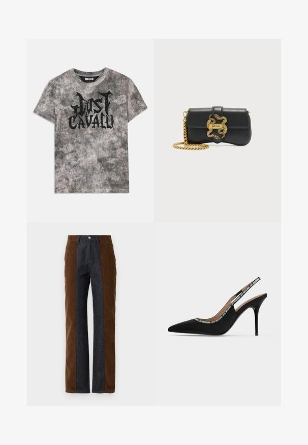 Grå kortærmet t-shirt med en tekstureret overflade og et sort "Just Cavalli" logo på forsiden. Rund halsudskæring.; Corduroy- og denimbukser med lodret panelering i mørkebrun og navy blå, med lige pasform og standard fem-lomme design.; Sort spids tå slingback stilet hæl sko med tynd stilet hæl og "LOVE MOSCHINO" tekst på remmen og kanten.; Sort skuldertaske i læder med guld kæderem og dekorativ spænde formet som en slange med "Just Cavalli" logo.