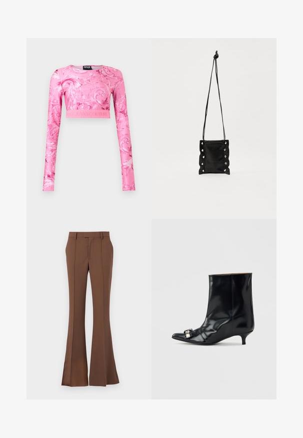 Crop top rose à manches longues avec motif en spirale baroque et "Versace Jeans Couture" embossé sur la ceinture.; Pantalons évasés marron en tissu lisse, dotés d'un devant plat, de passants de ceinture et d'une coupe ajustée avec des détails de plis subtils.; Bottine en cuir noir avec bout pointu, petit talon kitten bas et boucle décorative en argent sur le côté près de l'orteil.; Sac bandoulière en cuir noir avec un design texturé et froncé. Équipé d'œillets en ton argent et d'une sangle nouée pour une longueur ajustable.