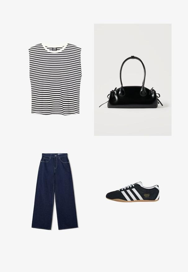 Sort og hvid horisontalt striped ærmeløs top med rund halsudskæring, lagt fladt mod en hvid baggrund.; Bredde ben mørke denim jeans med et klassisk fem-lomme design. Har kontrastfarvet hvide syninger og et højt taljeelastik.; Sort ruskinds sneaker med hvide tre striber, guldlogo og en brun gummisål. Har et lavprofil snørebåndsdesign.; Lille sort blank håndtaske med to lange håndtag og snøre-detaljer i siden på en ensfarvet lys baggrund.