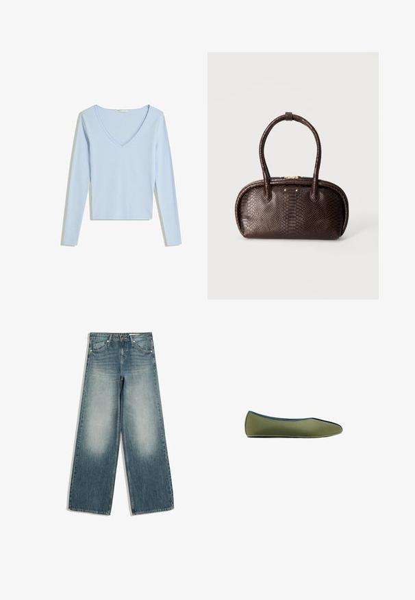Crop top bleu clair à manches longues et col en V, présenté à plat sur un fond blanc.; Jean large bleu avec zones avant des cuisses délavées, poches avant, passants de ceinture et fermeture par bouton.; Chaussure plate olive verte à enfiler avec un bout pointu et un liseré bleu contrastant le long du bord supérieur, vue de côté.; Sac à main marron foncé avec motif serpent texturé, forme arrondie, doubles poignées et fermeture éclair dorée sur le dessus sur un fond clair.