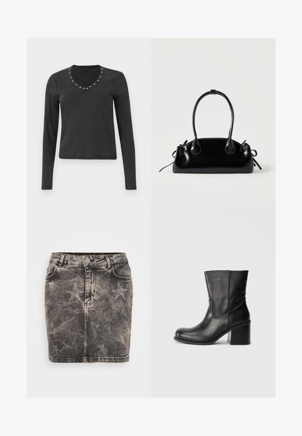 Schwarzes Langarmoberteil mit gerippter Textur, ausgestattet mit einem V-Ausschnitt, der am Kragen mit silbernen Nieten verziert ist.; Schwarzer Denim-Minirock mit verblasstem Sternmuster. Mit hoher Taille, fünf Taschen und kontrastierenden Nähten. Klassischer Knopfverschluss.; Schwarzer Leder-Stiefelette mit rundlicher Spitze, Seitennähten und einem massiven Blockabsatz. Glatte Textur und minimalistisches Design.; Kleine schwarze glänzende Handtasche mit zwei langen Griffen und seitlichen Kordelzug-Details vor einfachem hellem Hintergrund.