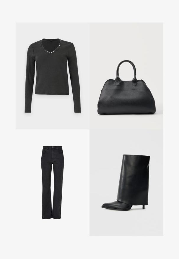 Haut noir à manches longues avec une texture côtelée, présentant un décolleté en V orné de clous argentés autour du col.; Jean noir à jambe droite, taille haute, en denim, avec une fermeture à bouton à l'avant et un design à cinq poches avec des détails de couture subtils.; Bottine en cuir noir avec un design structuré à rabat, bout pointu et talon fin. Texture lisse avec un minimum de détails.; Sac à main en cuir noir texturé avec deux poignées arrondies, forme structurée et finition lisse, présenté sur un fond clair uni.