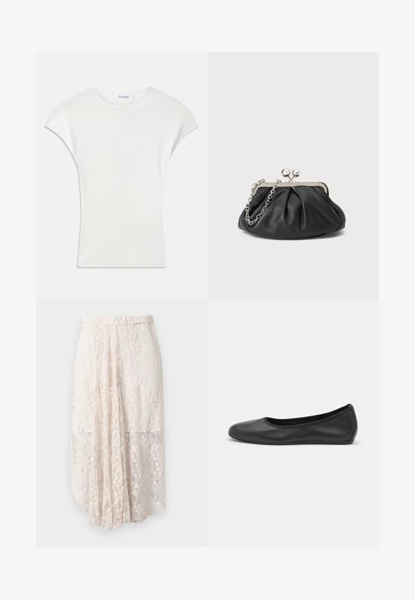 Camisa blanca de manga corta hecha de una suave tela de canalé. Cuello redondo; corte holgado con ligeras mangas tipo capucha. Etiqueta de la marca visible en el cuello.; Falda maxi de encaje en beige claro con patrones florales, sobrecapa transparente y cinturilla elástica. Presenta una silueta fluida y en capas.; Bailarina de piel negra con punta redondeada, textura suave, detalle de costura minimalista y diseño de suela flexible.; Clutch de cuero negro con textura arrugada, marco de metal en tono plateado, cierre de beso y cadena para colgar. Superficie suave y lisa.