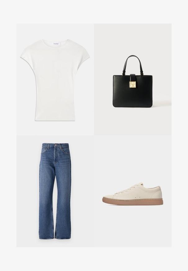 Witte shirt met korte mouwen, gemaakt van zachte, geribbelde stof. Crew halslijn; losse pasvorm met lichte kapmouwen. Merkenlabel zichtbaar bij de halslijn.; Blauwe denim jeans met een hoge taille, wijde pijpen, klassiek vijf-pocket ontwerp en subtiele vervagingen in de stof.; Beige leren lage sneaker met bruine rubberen zool, veters aan de voorkant en minimale stiksel details, zijaanzicht op een witte achtergrond.; Zwarte leren handtas met dubbele handvatten, gestructureerde rechthoekige vorm, gouden hardware, met een vierkante logo-sluiting.