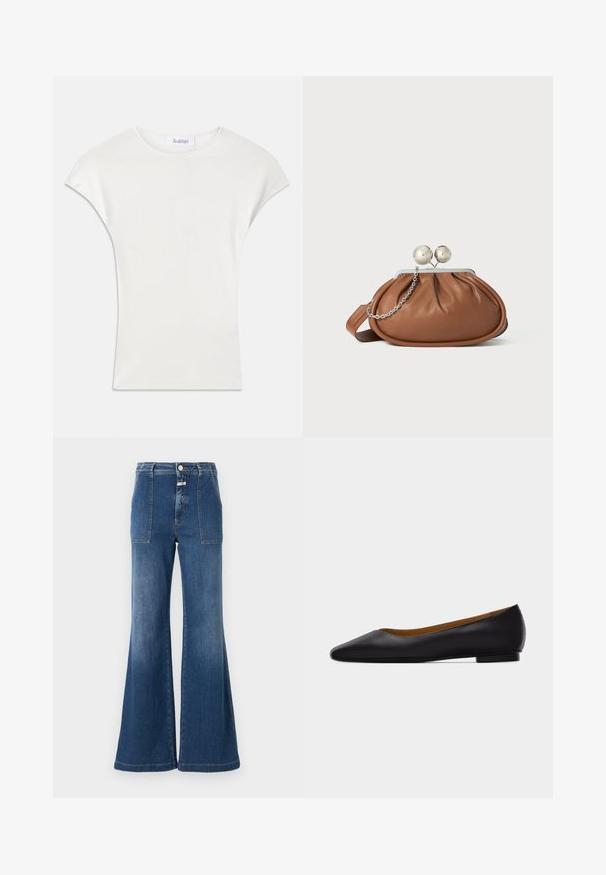 Camisa blanca de manga corta hecha de una suave tela de canalé. Cuello redondo; corte holgado con ligeras mangas tipo capucha. Etiqueta de la marca visible en el cuello.; Jeans acampanados de tiro alto en denim azul medio con un acabado desgastado. Cuenta con bolsillos de parche y cierre de botón. Dobladillo limpio.; Zapato plano de punta puntiaguda de cuero negro con tacón bajo y acabado liso, mostrado de perfil sobre un fondo gris claro.; Bolso de mano de cuero marrón con cierre de bola plateada y un pequeño detalle de cadena plateada sobre un fondo blanco.