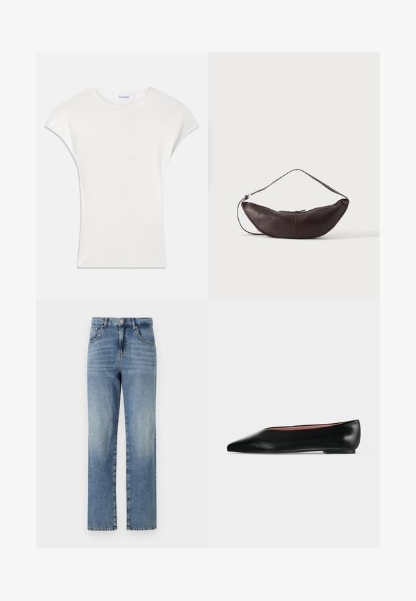 Hvid kortærmet skjorte lavet af blød, ribbet stof. Rund hals; afslappet pasform med lette cap-ærmer. Mærkeetikette synlig ved halsudskæringen.; Lyst blå denim jeans med et lige ben design, der har fem lommer, knap- og lynlåslukning samt minimal falming på stoffet.; Sort damesko i læder med flad hæl og spids tå, vist fra siden på en ensfarvet lys grå baggrund.; Mørkebrun læder skuldertaske i halvmåneform med buet rem og synlige syninger på ensfarvet baggrund.