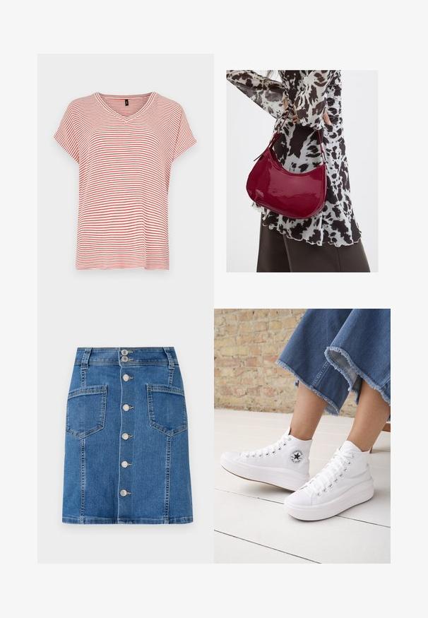 T-shirt à manches courtes en V rayé rouge et blanc avec une coupe décontractée et un tissu doux. Rayures uniformément espacées sur l'ensemble du design.; Jupe en denim avec une taille ajustée, en forme de A, et une fermeture à boutons sur le devant. Présente deux grandes poches, dans un délavage bleu moyen avec un léger effet de décoloration.; Personne portant des baskets Converse blanches montantes avec des semelles épaisses et un jean bleu court à ourlet effiloché, contre un mur en briques et un sol blanc.; Femme portant un chemisier à motif noir et blanc tenant un sac à main rouge brillant sur un fond uni.
