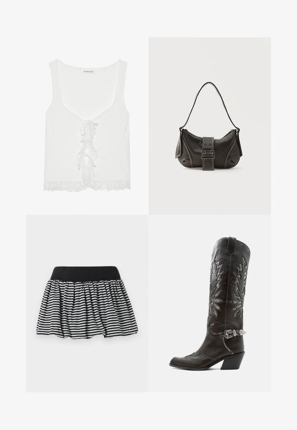 Weißes, geripptes Tanktop mit V-Ausschnitt, Schnürdetails an der Vorderseite und Spitzenbesatz am Saum. Hergestellt aus weichem Stoff mit figurbetonendem Design.; Schwarz-weißer gestreifter Rock mit einem gerafften Design und elastischem Bund, gefertigt aus weichem Material. Verfügt über eine ausgestellte Form für mehr Weite.; Schwarzer Leder-Cowboystiefel mit dekorativen Ausschnitten, silberner Schnalle und schräger Ferse, auf weißem Hintergrund dargestellt.; Schwarze Leder-Schultertasche mit Schnallengurt-Detail, abgerundeten Kanten und kontrastierenden weißen Nähten auf schlichtem Hintergrund.