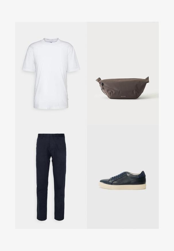 T-shirt en coton blanc avec un col rond, des manches courtes et un ourlet droit. Présente une petite étiquette de marque sur la couture latérale gauche.; Pantalon bleu marine en tissu lisse, avec une coupe droite, des passants de ceinture et un design minimaliste, sans motifs ni accents visibles.; Baskets en cuir bleu marine avec semelle en caoutchouc crème, dotées de lacets bleus et d'une texture lisse. Bout arrondi et design minimaliste.; Sac banane en tissu marron foncé avec poche zippée en diagonale et petit logo blanc sur le devant, sur un fond clair uni.