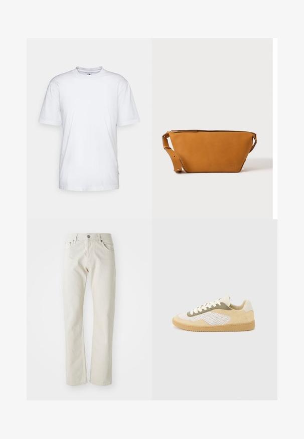 Hvid bomulds t-shirt med rund hals, korte ærmer og lige kant. Har et lille mærke på den venstre sidesøm.; Lyse beige jeans lavet af bomuld, med lige ben design, fem-lommers styling og en sølv metalknap lukning.; Lav-top sneaker med beige ruskind, hvide meshpaneler, olivengrønne detaljer, hvide snørebånd og gummisål i karamelfarve på en lysegrå baggrund.; Lys brun læder crossbody taske med justerbar rem og lynlås, vist mod en ensartet lys baggrund.