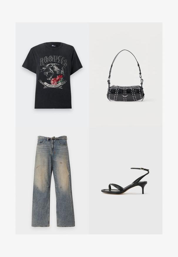Zwart T-shirt met de tekst "KOOPLES", illustratie van een brullende panter, rode bloemen en een ontwerp met de banner "WILD TOUR" op de voorkant.; Lichtblauwe denim jeans met een losse, recht gesneden pasvorm. Voorzien van slijtageplekken, vervaging en distressed details bij de knieën. Klassiek five-pocket ontwerp.; Zwarte leren dames sandaal met dunne bandjes, een teengreep, een enkelgesp en een stilettohak van gemiddelde hoogte op een neutrale achtergrond.; Zwarte lakleren schoudertas met zilveren studs in verticale rijen en een klein zilveren vogel-embleem in het midden aan de voorkant.