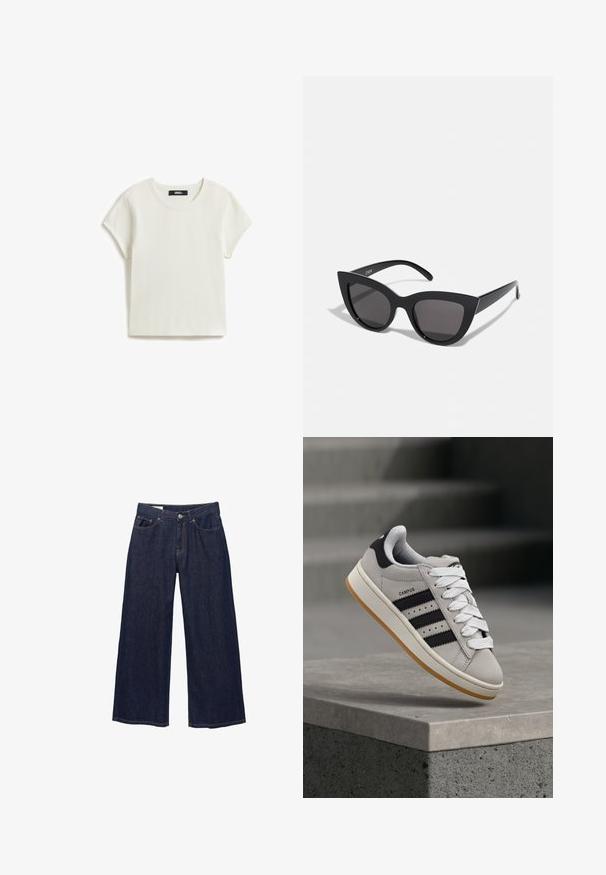 T-shirt uni blanc à manches courtes Vans avec col rond et petite étiquette noire Vans à l'intérieur du col.; Jean en denim bleu foncé à jambes larges avec poches avant, passants pour ceinture et fermeture à bouton.; Baskets Adidas Campus grises avec des rayures noires et des lacets blancs flottant au-dessus d'un rebord en béton avec des escaliers en arrière-plan.; Lunettes de soleil noires en forme d'œil de chat avec une finition mate, dotées de verres teintés gris, d'angles aigus et de branches élégantes. Nom de la marque visible sur la branche intérieure.