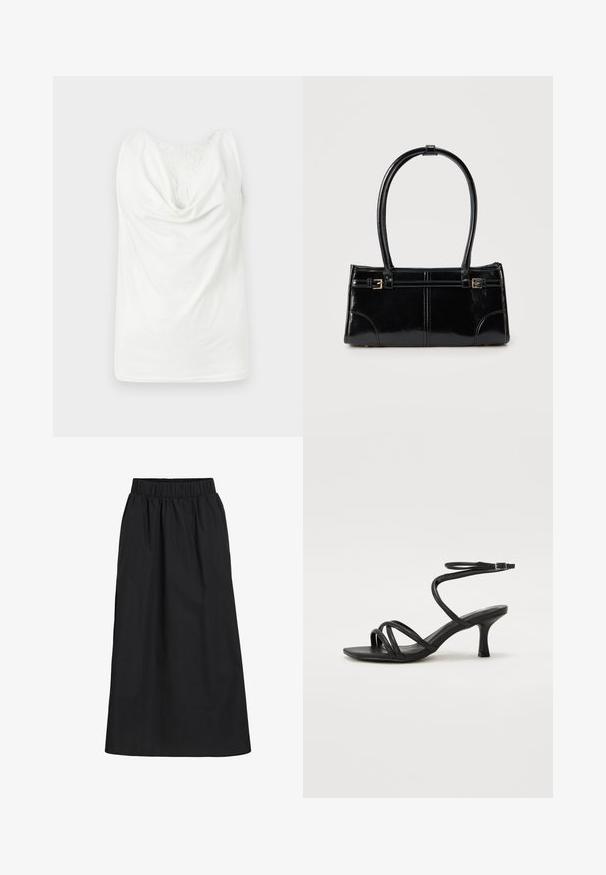 Blusa blanca sin mangas con escote cruzado y panel de encaje en la parte superior del pecho, mostrada plana sobre un fondo claro.; Falda negra, hasta las rodillas, hecha de tela suave y ligera. Cuenta con una cinturilla elástica y un diseño simple y fluido sin adornos.; Even&Odd Wide Fit by Zalando Sandalias - black; Bolso rectangular negro brillante con dos finas correas para el hombro y pequeños detalles de hebilla dorada en la parte frontal.