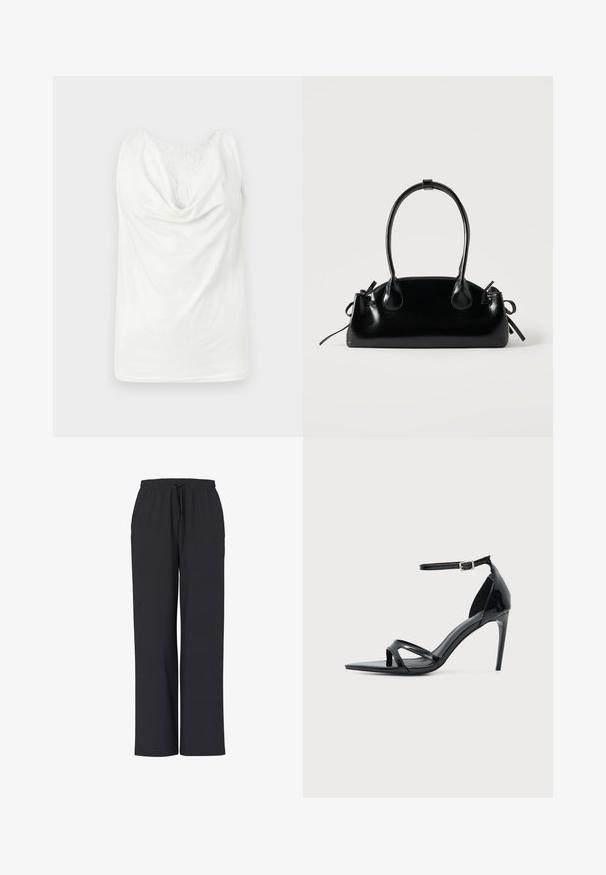 Blouse blanche sans manches avec col bénitier et panneau en dentelle sur le haut de la poitrine, présentée à plat sur un fond clair.; Pantalon noir ample avec taille élastique et cordon de serrage à l'avant, coupe droite, sans poches visibles ni motifs.; Sandale à talon haut en cuir verni noir avec fine bride à la cheville, bout ouvert et design minimaliste sur fond clair uni.; Petit sac à main noir brillant avec deux longues anses et des détails à cordon sur les côtés sur un fond clair uni.