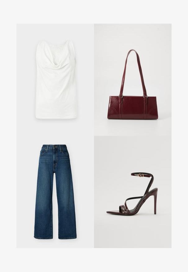 Blouse blanche sans manches avec col bénitier et panneau en dentelle sur le haut de la poitrine, présentée à plat sur un fond clair.; Jean en denim bleu à taille haute et à jambes larges, avec fermeture à boutons et fermeture éclair à l'avant, passants pour ceinture et poches avant sur un fond uni.; Sandale à talons hauts en cuir verni bourgogne avec une bride de cheville, bout pointu et trois bandes horizontales sur le pied. Détail de boucle dorée.; Sac à main bordeaux en matériau brillant, de forme rectangulaire, avec deux anses et des accents légèrement courbés à l'avant.